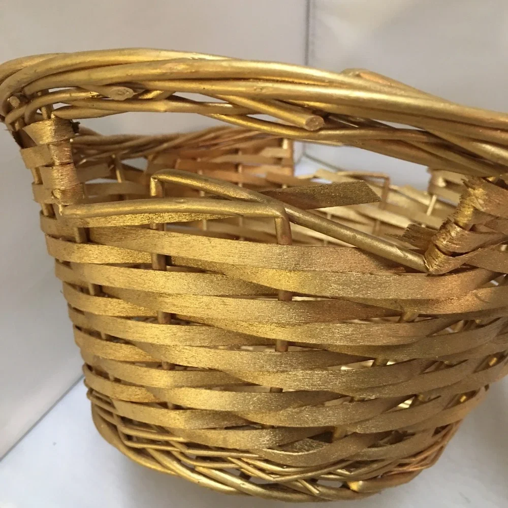 Woven Wicker Basket Home Decor OS Gold Metallic Oval Handled Storage Holiday